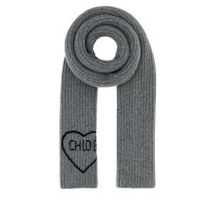 CHLOE Ribbed Knit Scarf with Heart Logo Embroidery Women GREY Scarves & Wraps